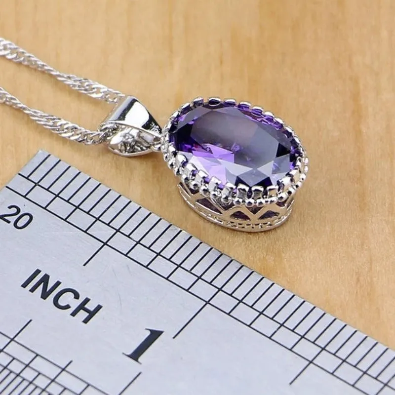 Purple Amethyst Jewelry Set Pendant Necklace Ring Bracelet