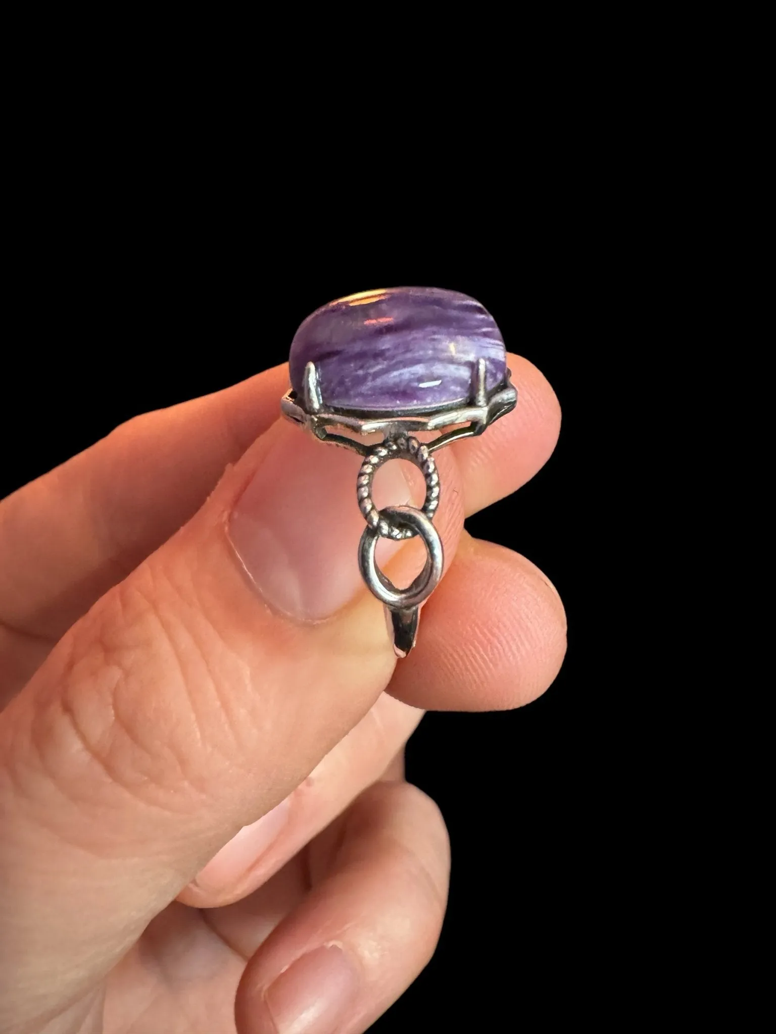 Purple Charoite Ring, Adjustable Silver Anxiety Ring, Crystal Shop Jewelry, Bijoux Charoite