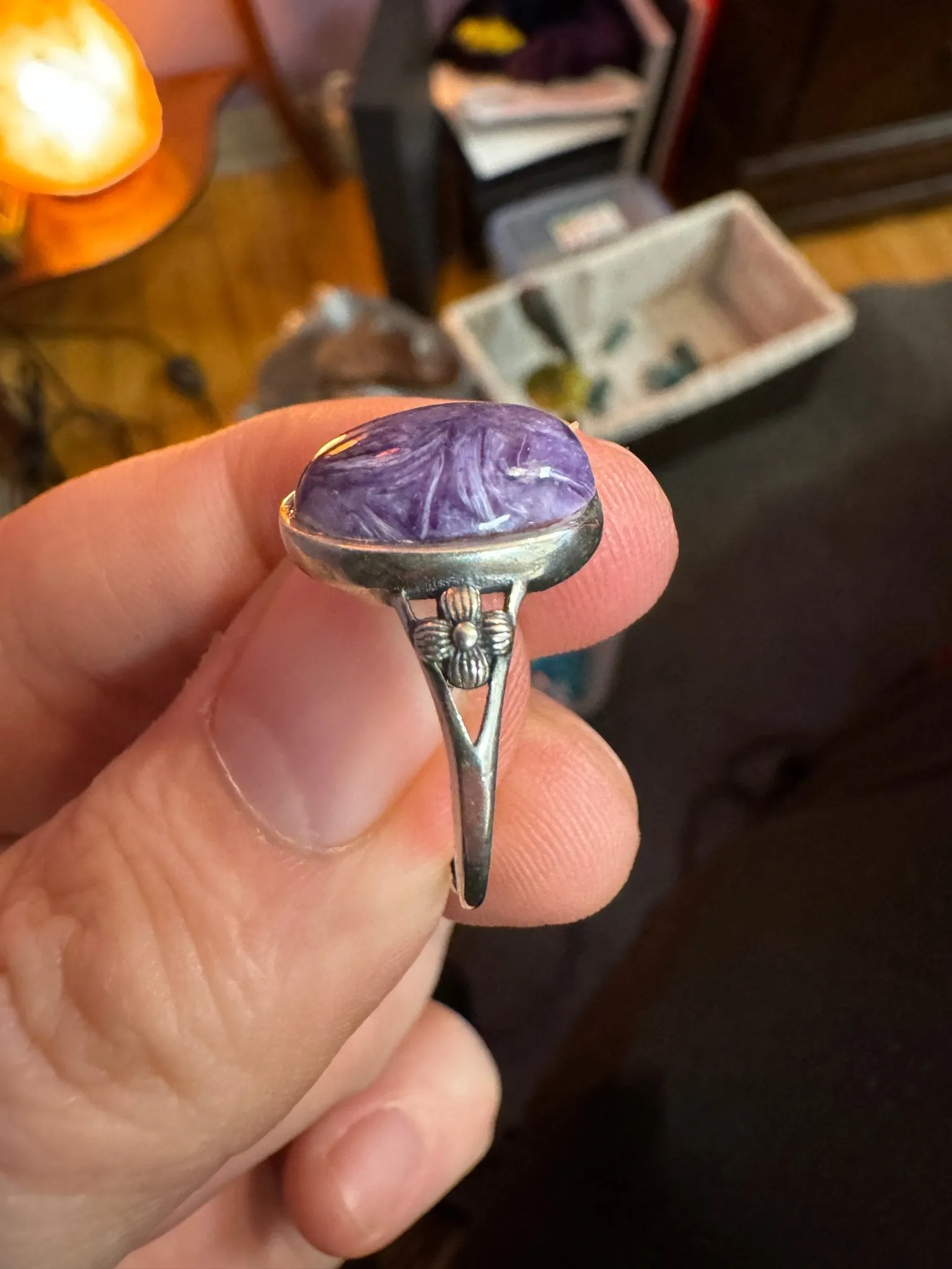 Purple Charoite Ring, Adjustable Silver Anxiety Ring, Crystal Shop Jewelry, Bijoux Charoite