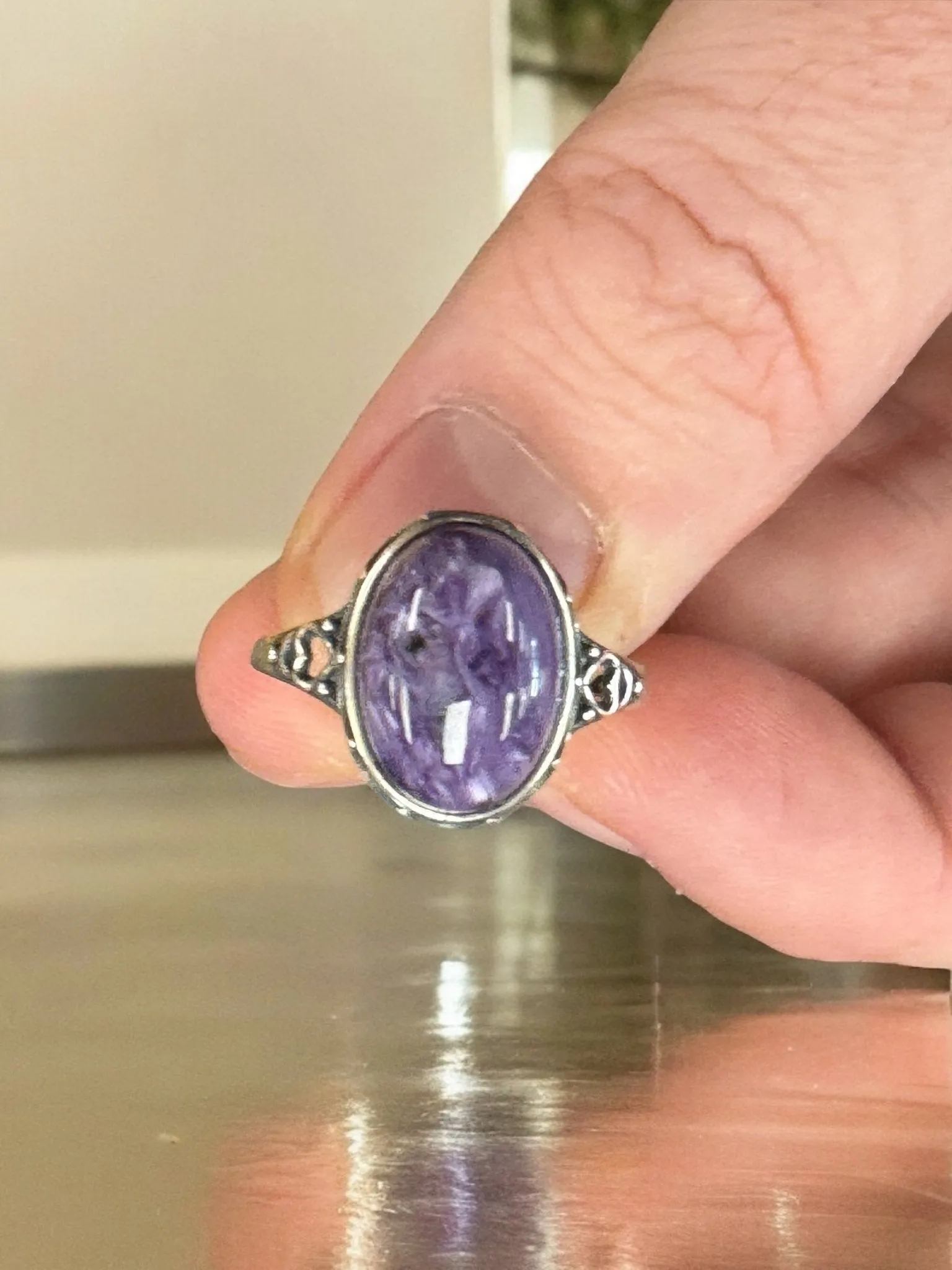 Purple Charoite Ring, Adjustable Silver Anxiety Ring, Crystal Shop Jewelry, Bijoux Charoite
