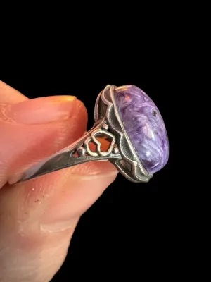 Purple Charoite Ring, Adjustable Silver Anxiety Ring, Crystal Shop Jewelry, Bijoux Charoite