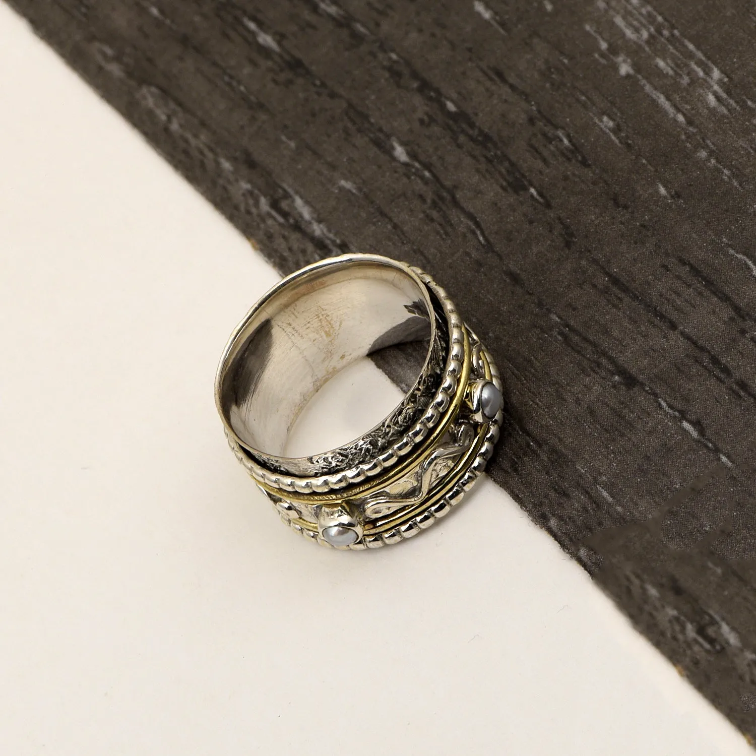 Rainbow Moonstone Multi Band Engraved Meditation Spinner Ring
