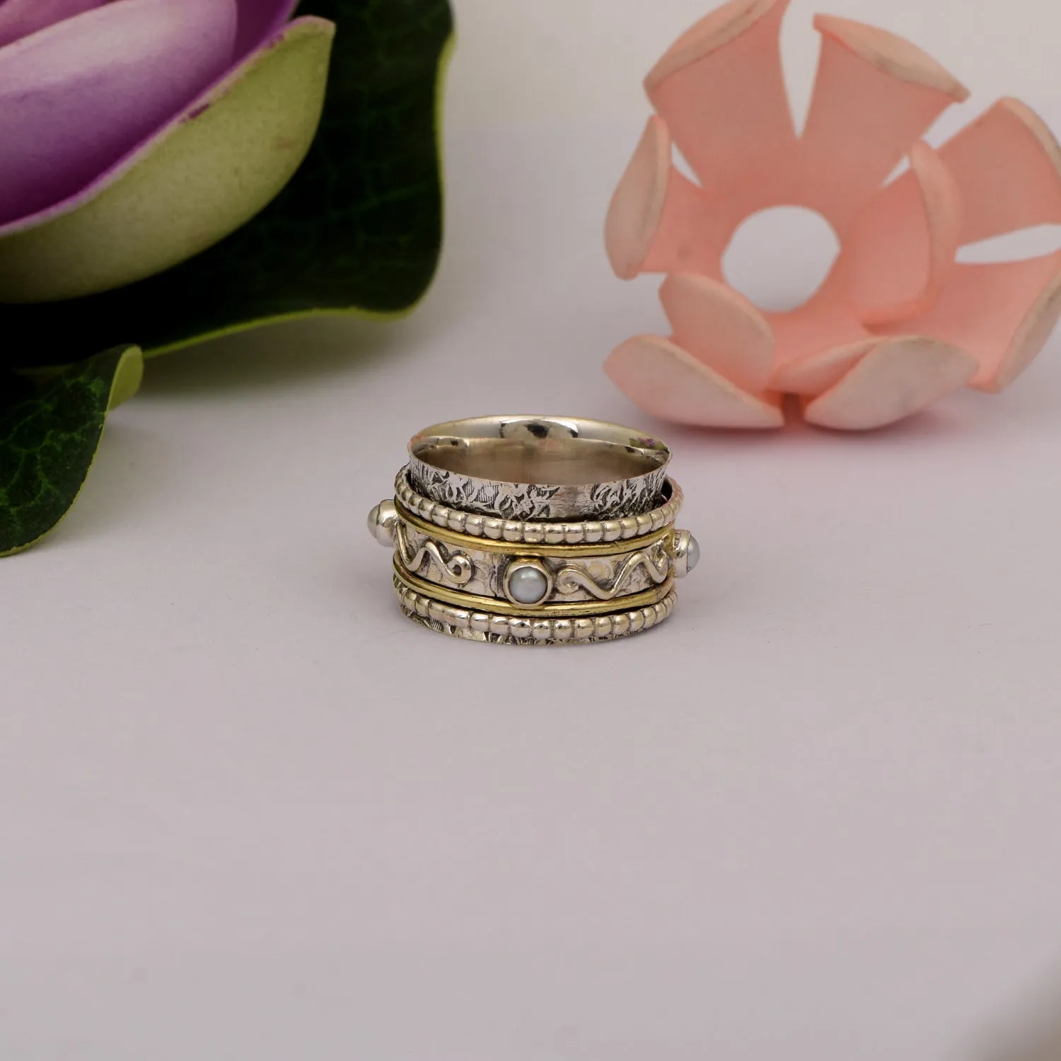 Rainbow Moonstone Multi Band Engraved Meditation Spinner Ring