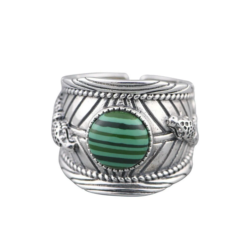 Real Solid 925 Sterling Silver Gemstone Rings Leopard Animals Punk Jewelry Open Size 7-9