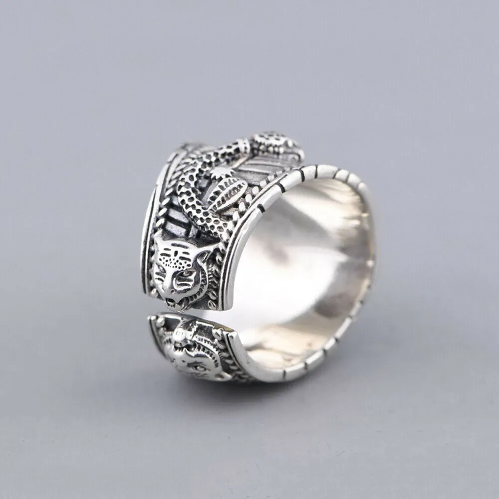 Real Solid 925 Sterling Silver Gemstone Rings Leopard Animals Punk Jewelry Open Size 7-9