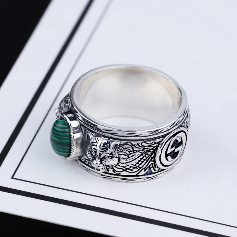 Real Solid 925 Sterling Silver Gemstone Rings Tiger Animals Fashion Punk Jewelry Size 7-11