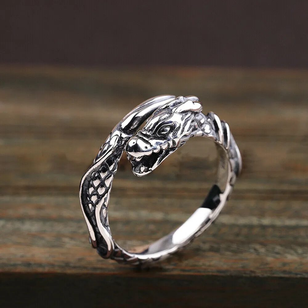 Real Solid 925 Sterling Silver Rings Animals Dragon Fashion Punk Jewelry Open Size Adjustable