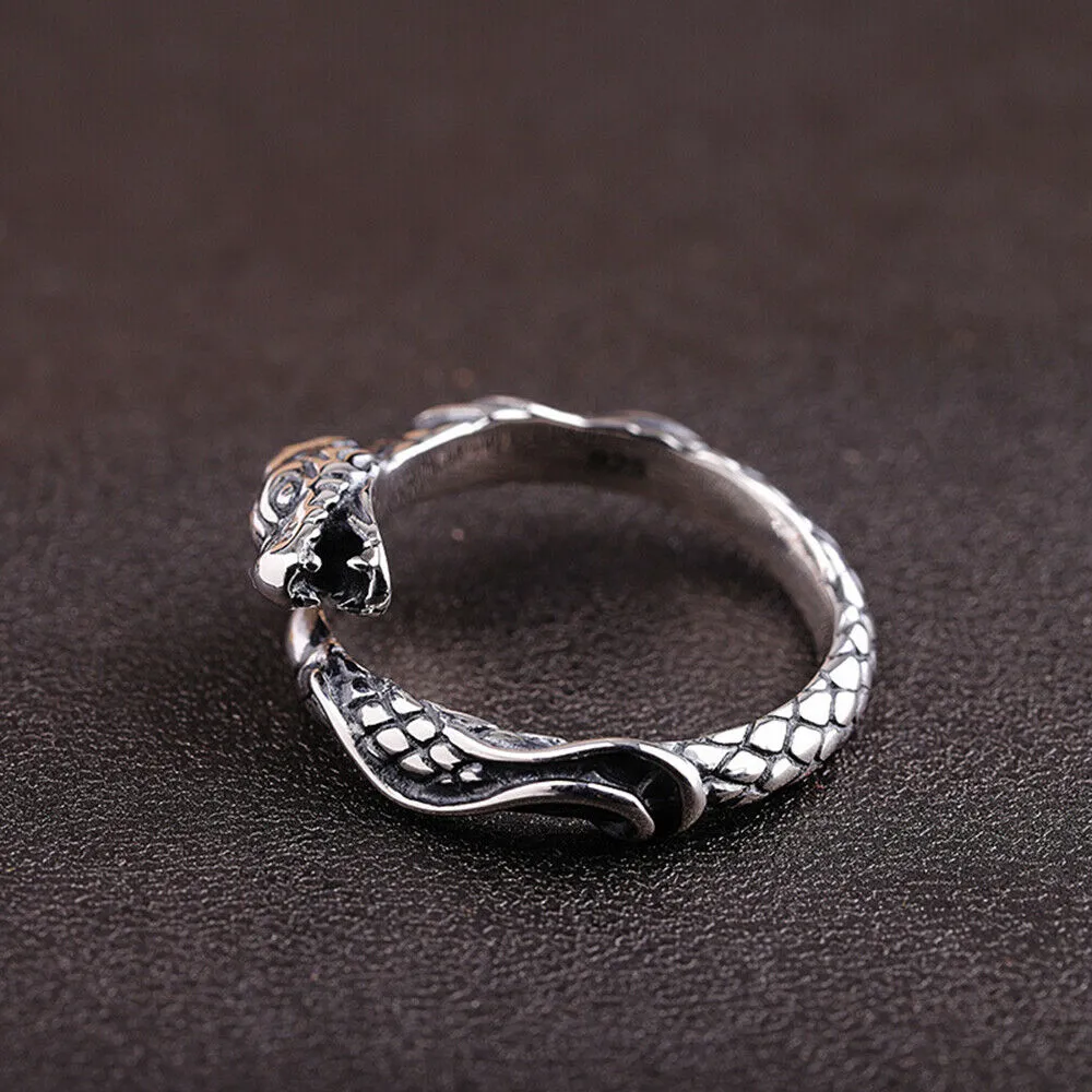 Real Solid 925 Sterling Silver Rings Animals Dragon Fashion Punk Jewelry Open Size Adjustable