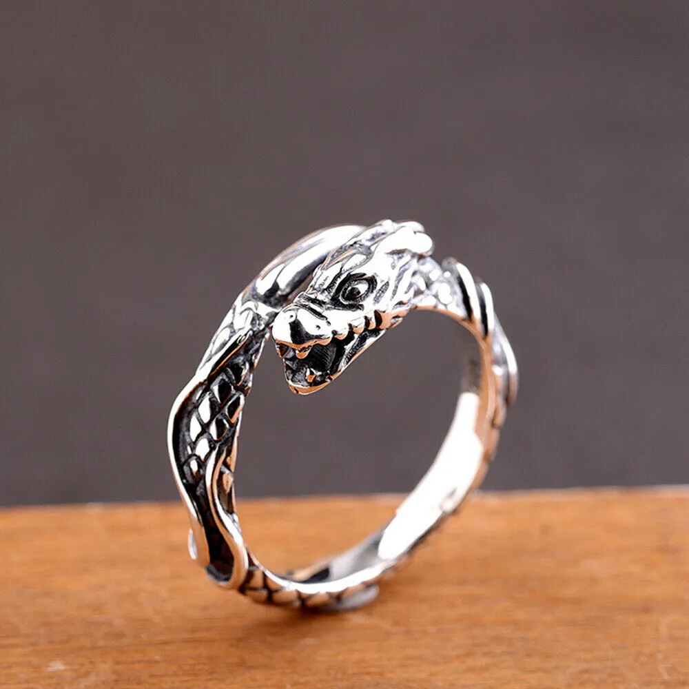 Real Solid 925 Sterling Silver Rings Animals Dragon Fashion Punk Jewelry Open Size Adjustable