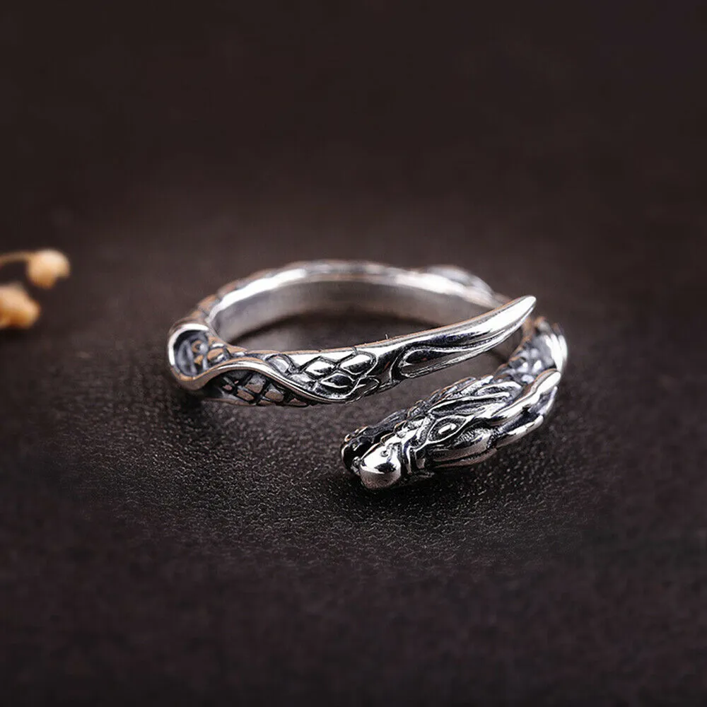 Real Solid 925 Sterling Silver Rings Animals Dragon Fashion Punk Jewelry Open Size Adjustable