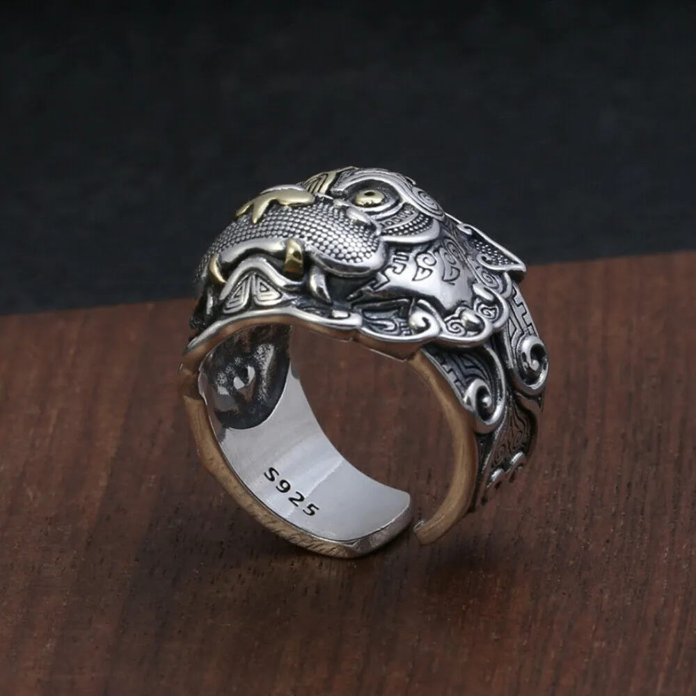 Real Solid 925 Sterling Silver Rings Auspicious Animals Fashion Punk Jewelry Open Size Adjustable