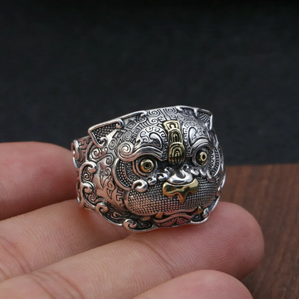 Real Solid 925 Sterling Silver Rings Auspicious Animals Fashion Punk Jewelry Open Size Adjustable