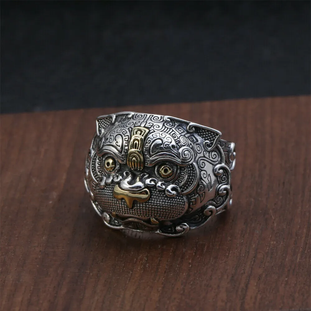 Real Solid 925 Sterling Silver Rings Auspicious Animals Fashion Punk Jewelry Open Size Adjustable