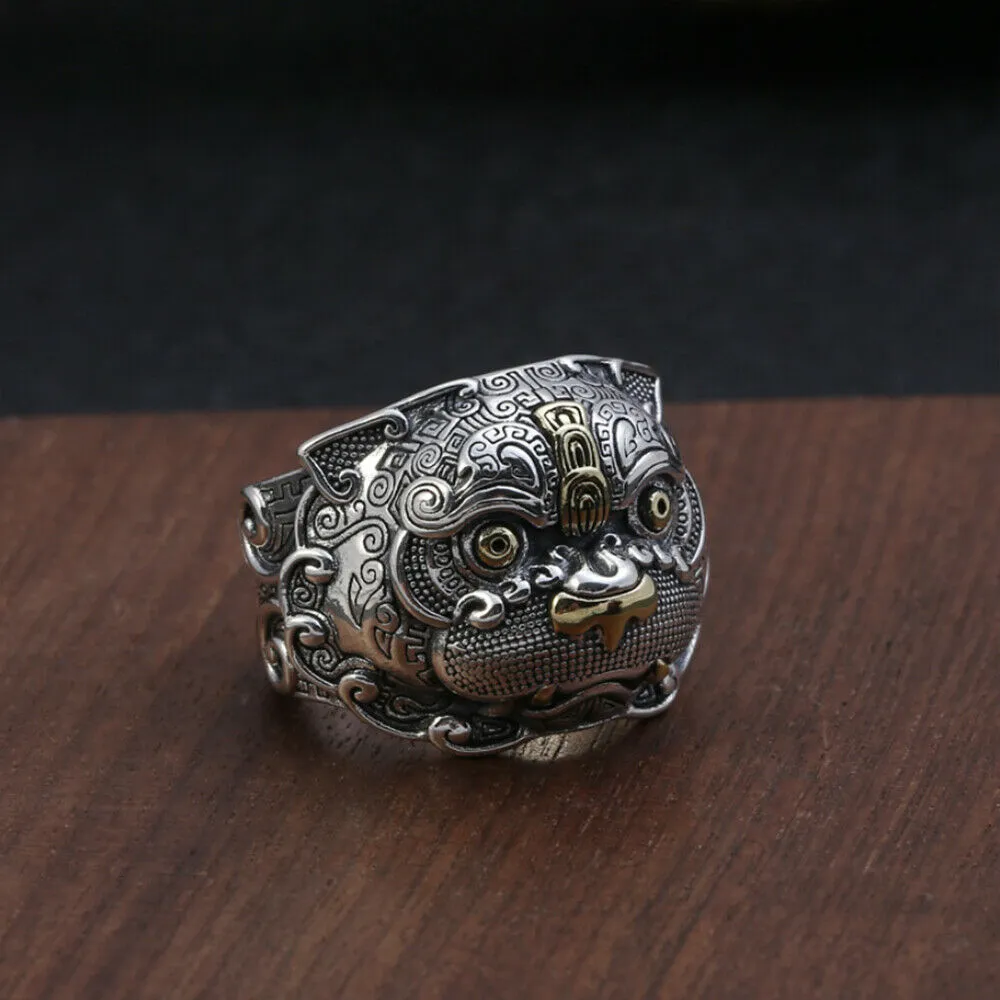 Real Solid 925 Sterling Silver Rings Auspicious Animals Fashion Punk Jewelry Open Size Adjustable