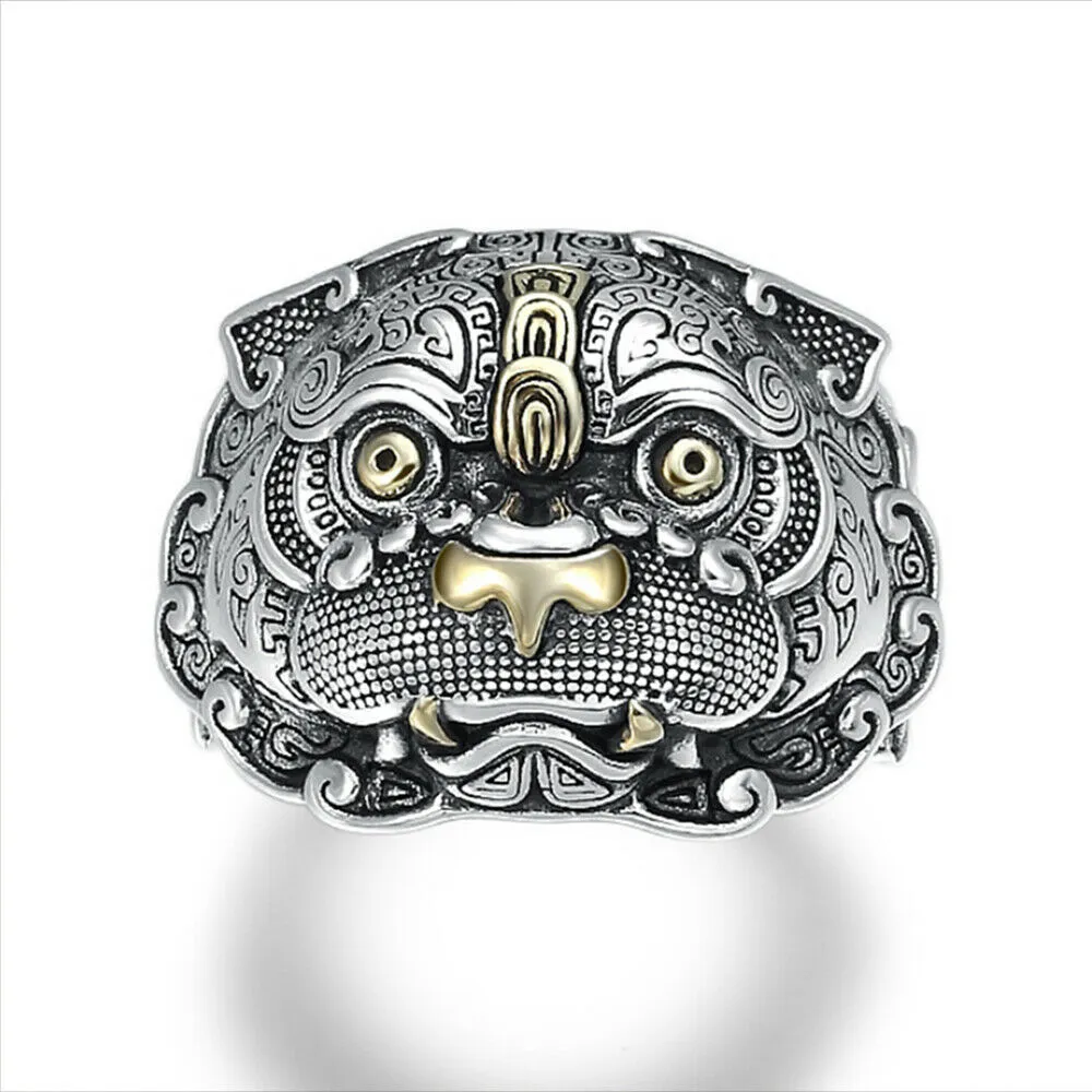 Real Solid 925 Sterling Silver Rings Auspicious Animals Fashion Punk Jewelry Open Size Adjustable