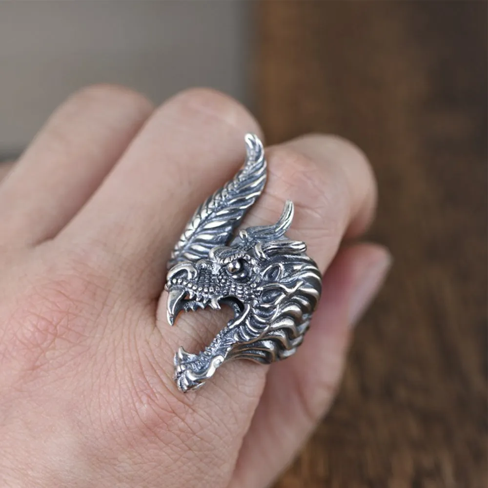 Real Solid 925 Sterling Silver Rings Dragon Animals Hip Hop Punk Jewelry Open Size Adjustable