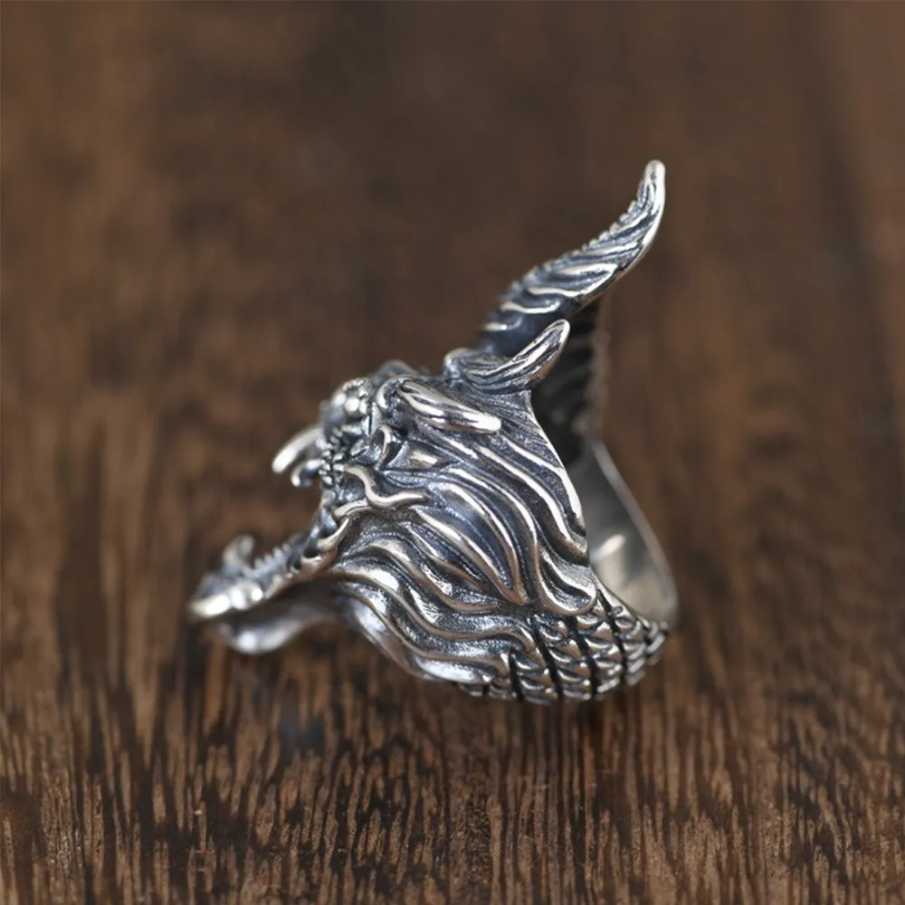 Real Solid 925 Sterling Silver Rings Dragon Animals Hip Hop Punk Jewelry Open Size Adjustable