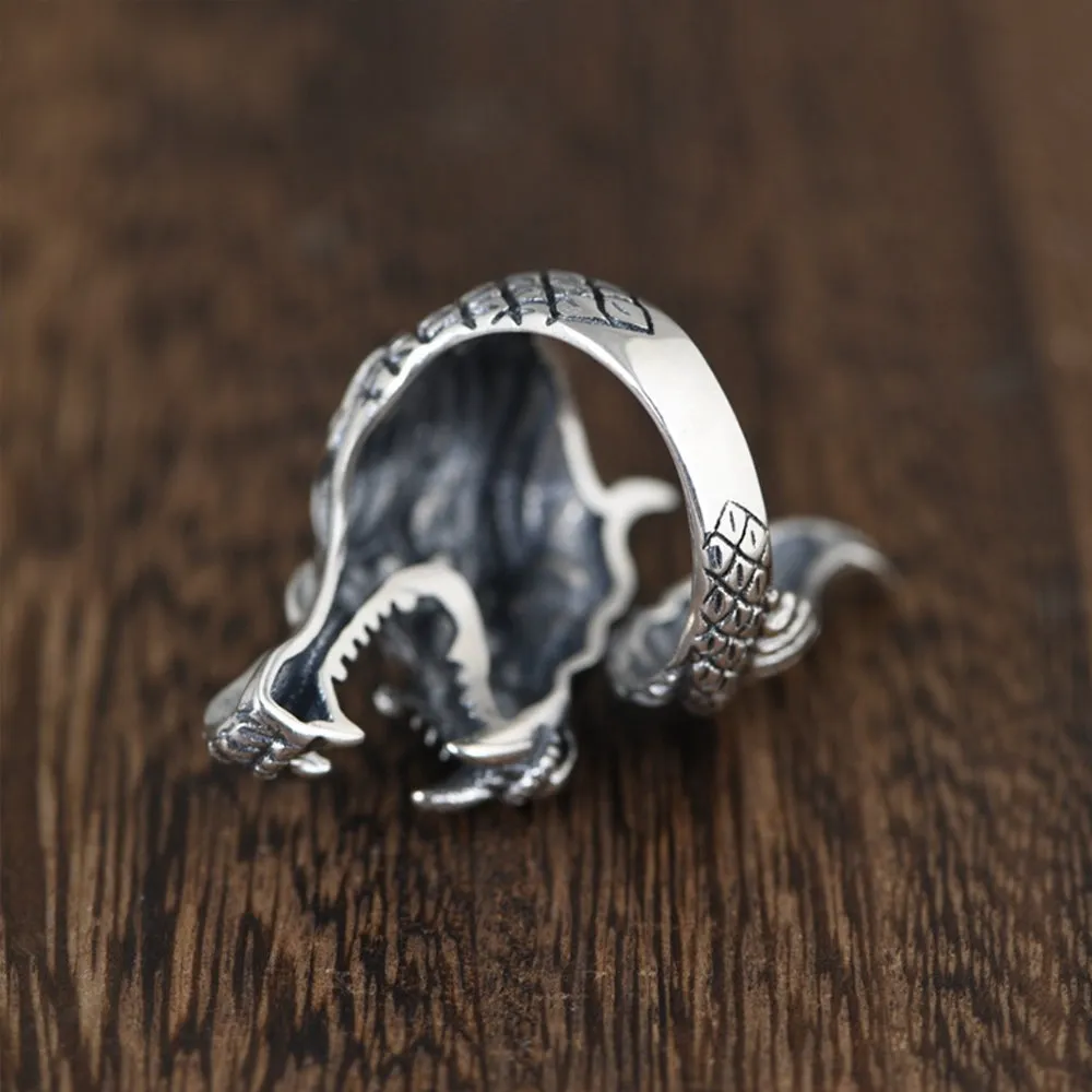 Real Solid 925 Sterling Silver Rings Dragon Animals Hip Hop Punk Jewelry Open Size Adjustable