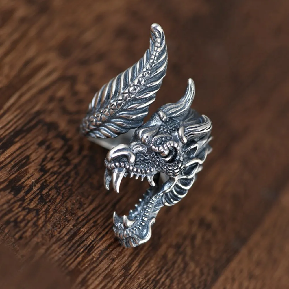 Real Solid 925 Sterling Silver Rings Dragon Animals Hip Hop Punk Jewelry Open Size Adjustable