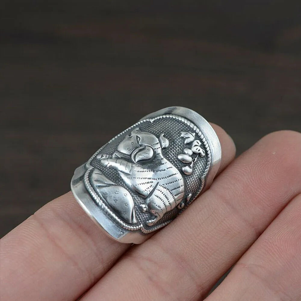 Real Solid 925 Sterling Silver Rings Pig Animals Punk Jewelry Open Size Adjustable