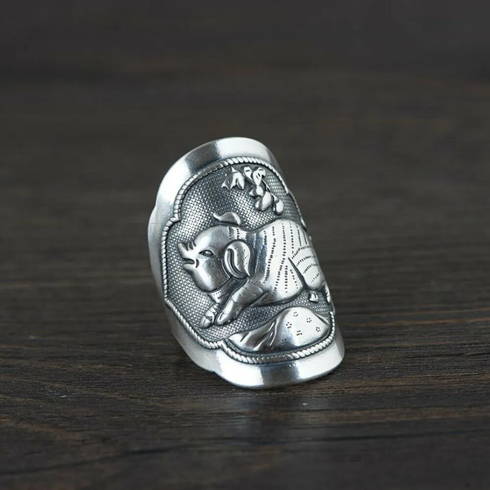 Real Solid 925 Sterling Silver Rings Pig Animals Punk Jewelry Open Size Adjustable