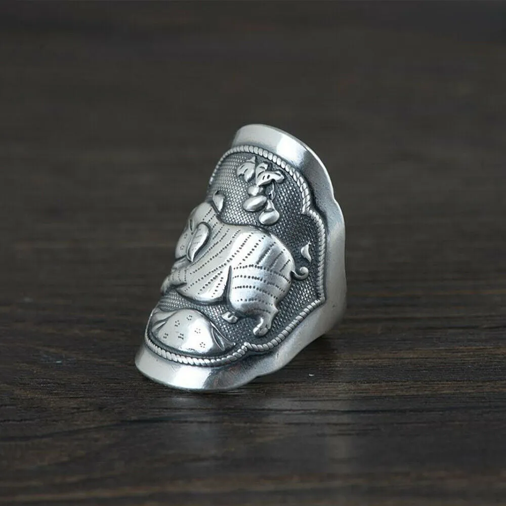 Real Solid 925 Sterling Silver Rings Pig Animals Punk Jewelry Open Size Adjustable