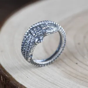Real Solid 990 Pure Silver Rings Crocodile Animals Punk Jewelry Open Size Adjustable