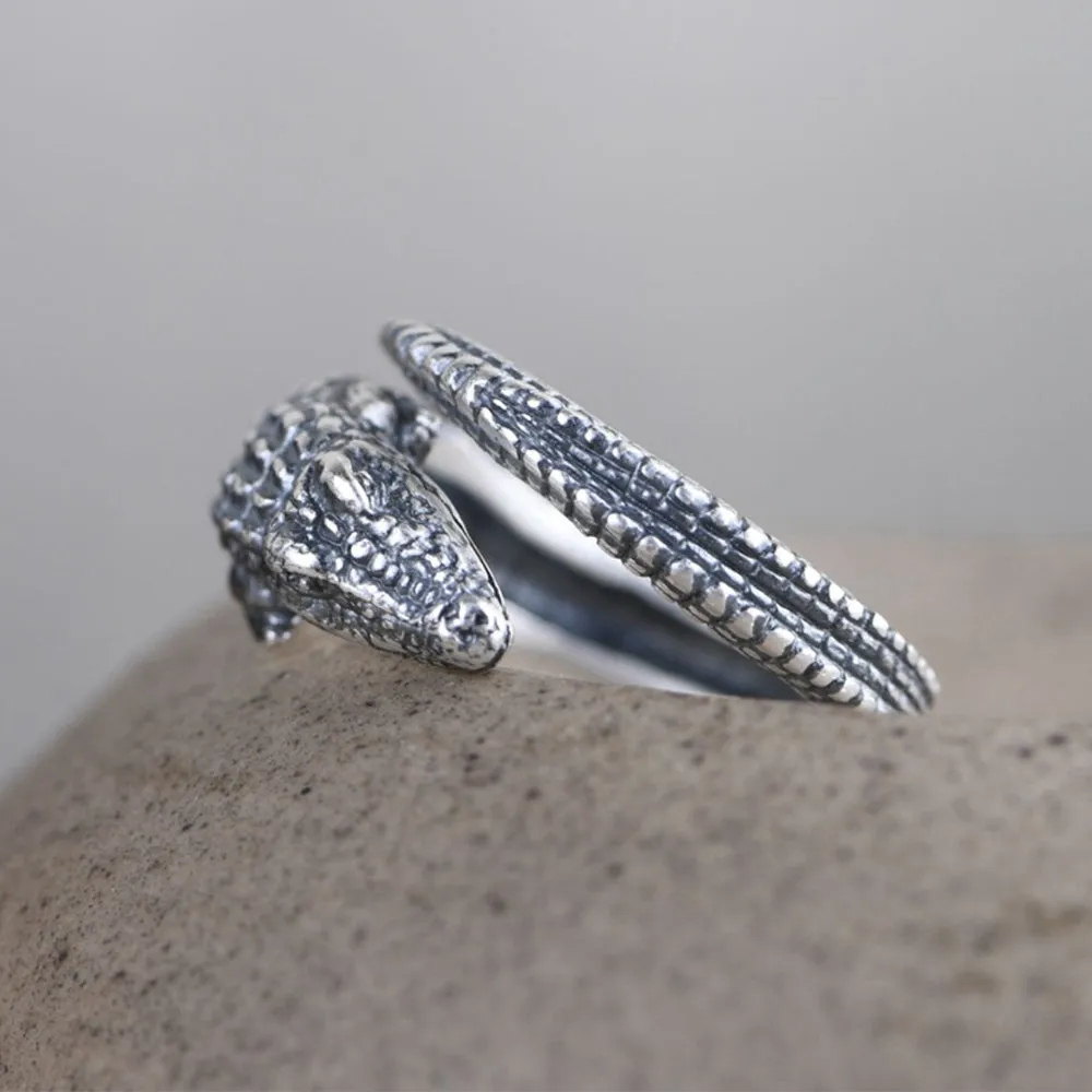 Real Solid 990 Pure Silver Rings Crocodile Animals Punk Jewelry Open Size Adjustable