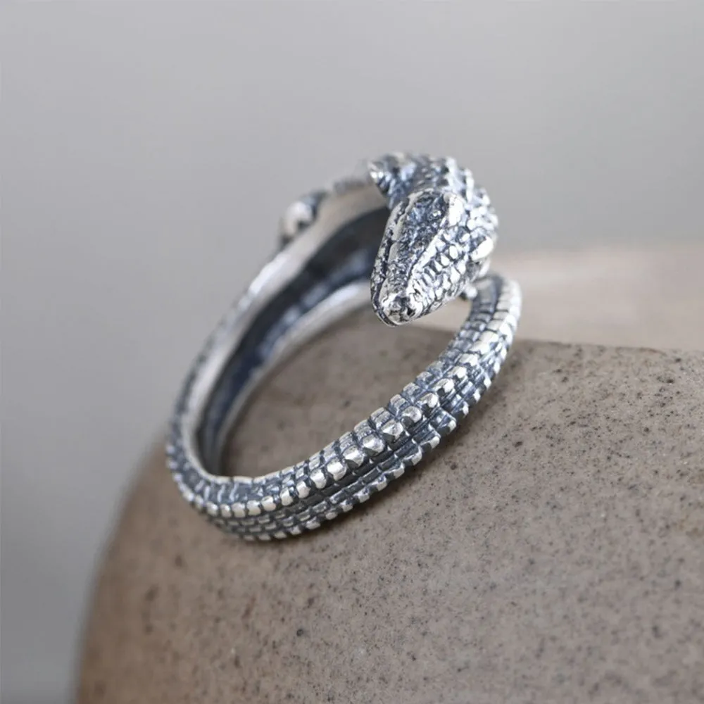 Real Solid 990 Pure Silver Rings Crocodile Animals Punk Jewelry Open Size Adjustable