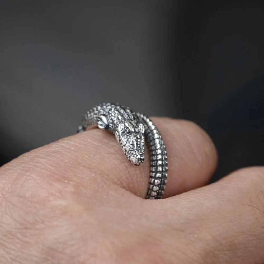 Real Solid 990 Pure Silver Rings Crocodile Animals Punk Jewelry Open Size Adjustable