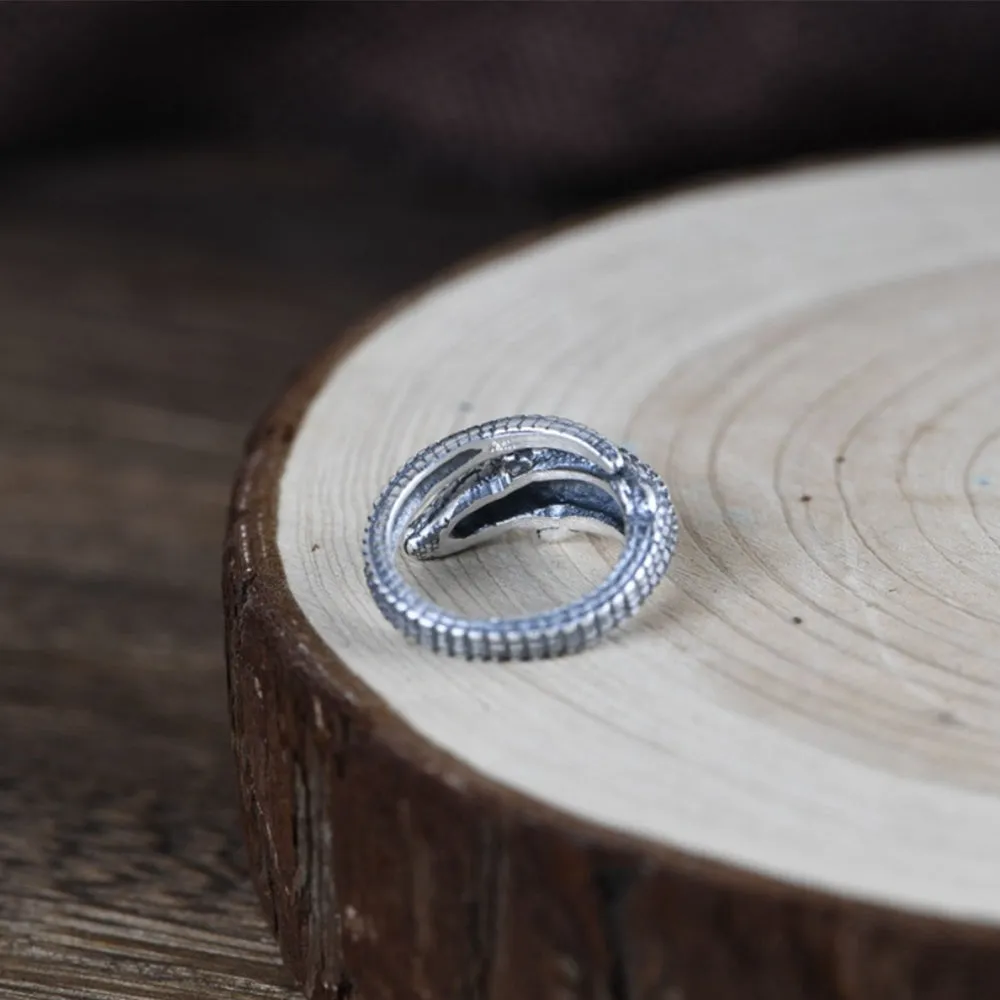 Real Solid 990 Pure Silver Rings Crocodile Animals Punk Jewelry Open Size Adjustable