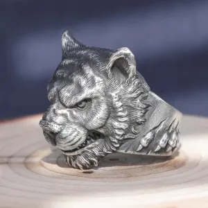 Real Solid 999 Sterling Silver Rings Animals Tiger King Gothic Punk Jewelry Open Size 8-11