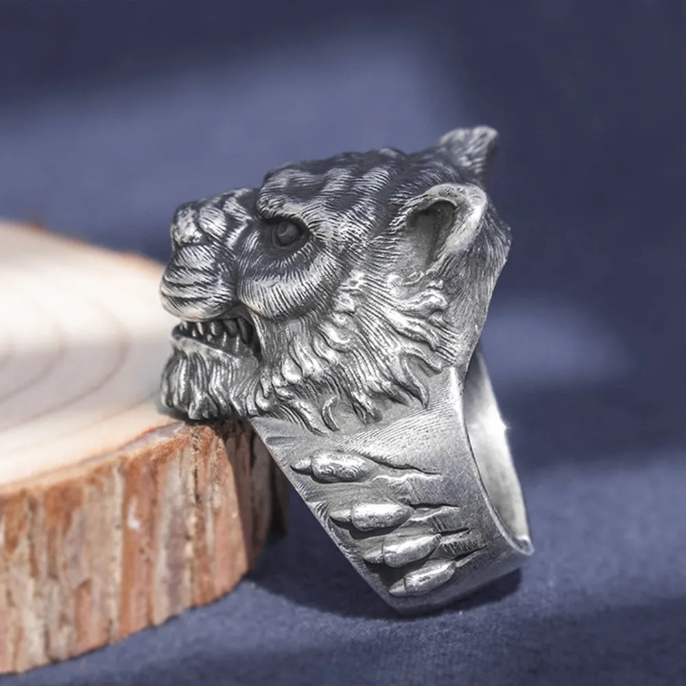 Real Solid 999 Sterling Silver Rings Animals Tiger King Gothic Punk Jewelry Open Size 8-11