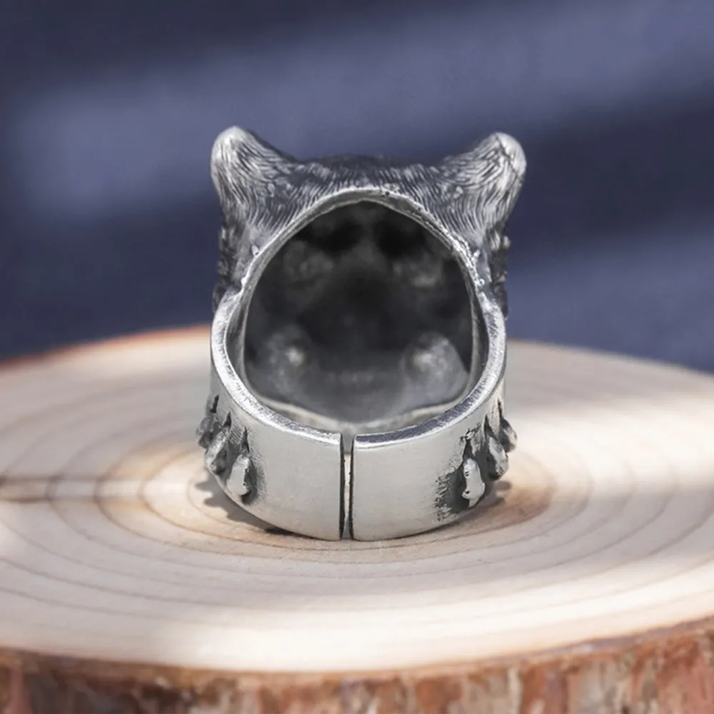 Real Solid 999 Sterling Silver Rings Animals Tiger King Gothic Punk Jewelry Open Size 8-11