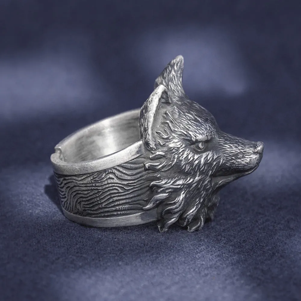 Real Solid 999 Sterling Silver Rings Fox Head Animals Gothic Punk Jewelry Open Size 8-11