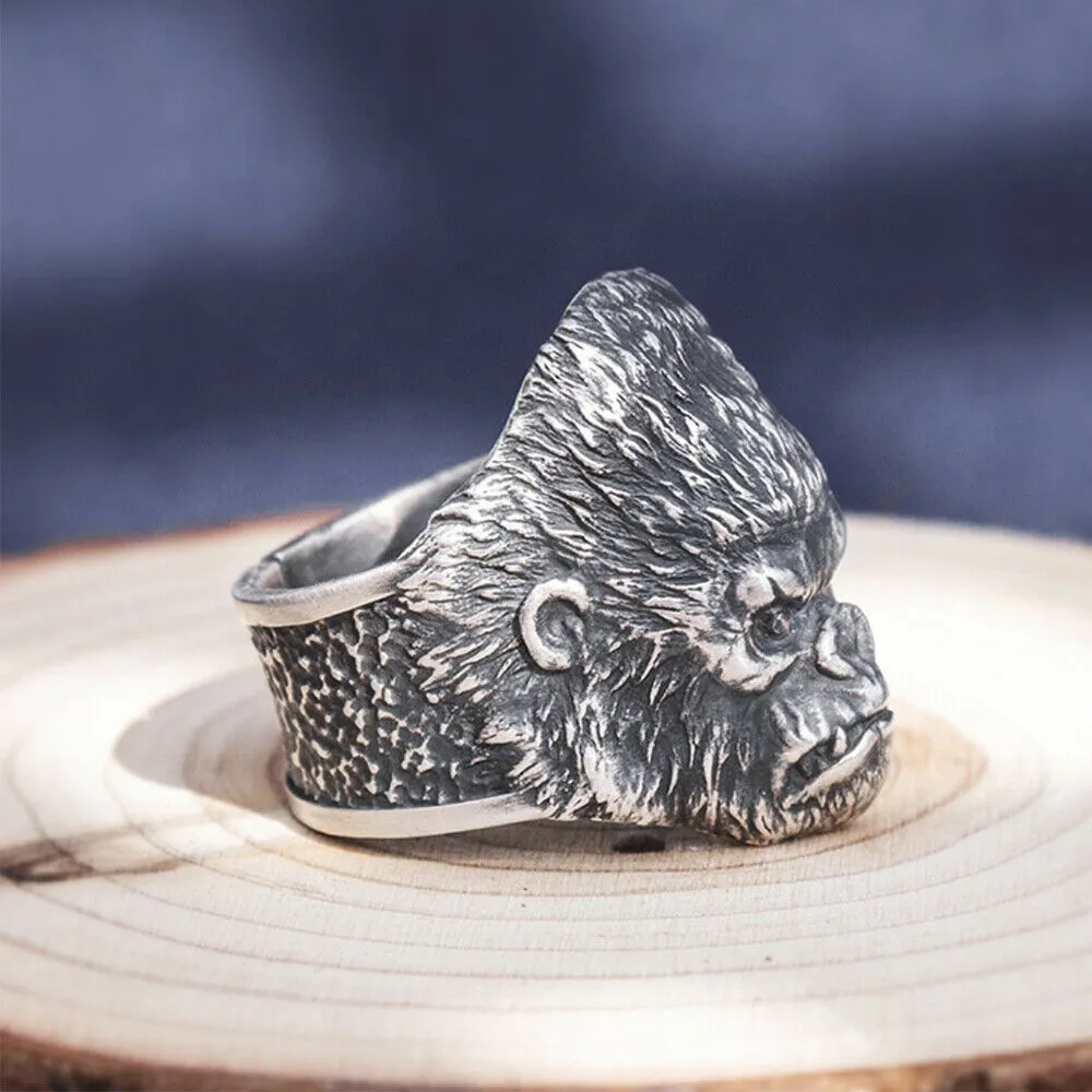 Real Solid 999 Sterling Silver Rings Gorilla Animals Gothic Hip Hop Jewelry Open Size 8-10