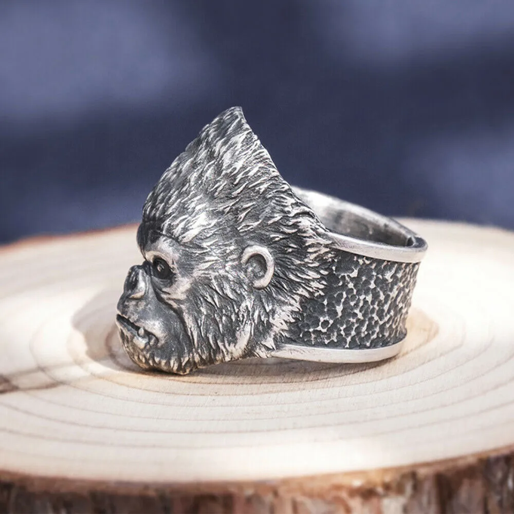 Real Solid 999 Sterling Silver Rings Gorilla Animals Gothic Hip Hop Jewelry Open Size 8-10