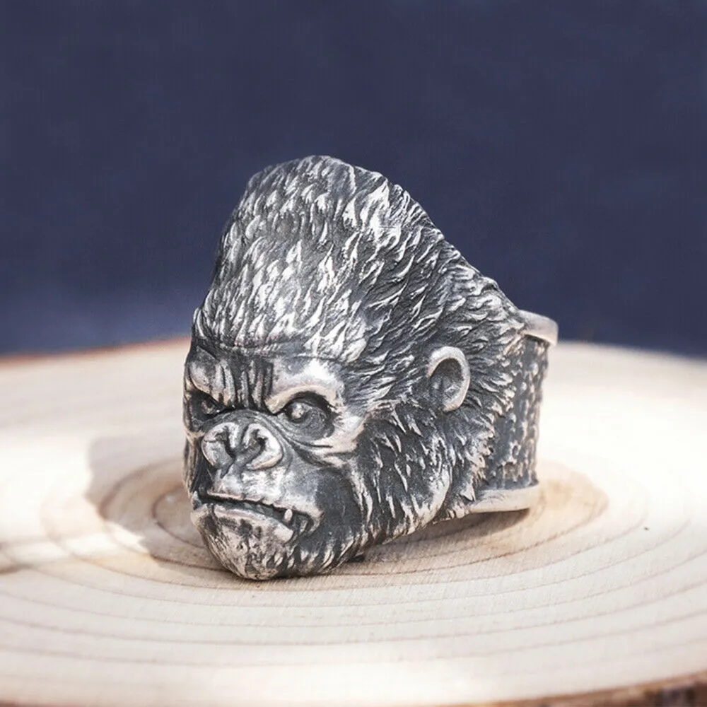 Real Solid 999 Sterling Silver Rings Gorilla Animals Gothic Hip Hop Jewelry Open Size 8-10