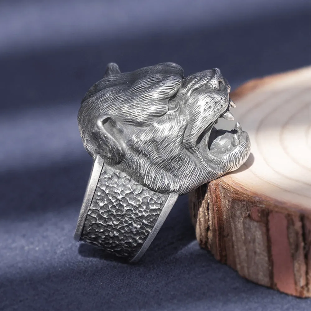 Real Solid 999 Sterling Silver Rings Leopard Head Animals Gothic Punk Jewelry Open Size 8-10