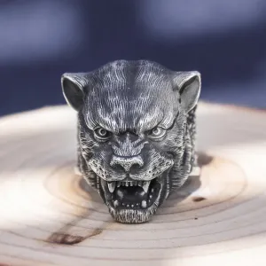 Real Solid 999 Sterling Silver Rings Leopard Head Animals Gothic Punk Jewelry Open Size 8-10