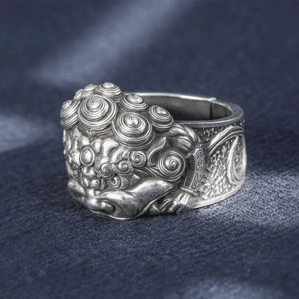 Real Solid 999 Sterling Silver Rings Lion Animals Gothic Punk Jewelry Open Size 10-12
