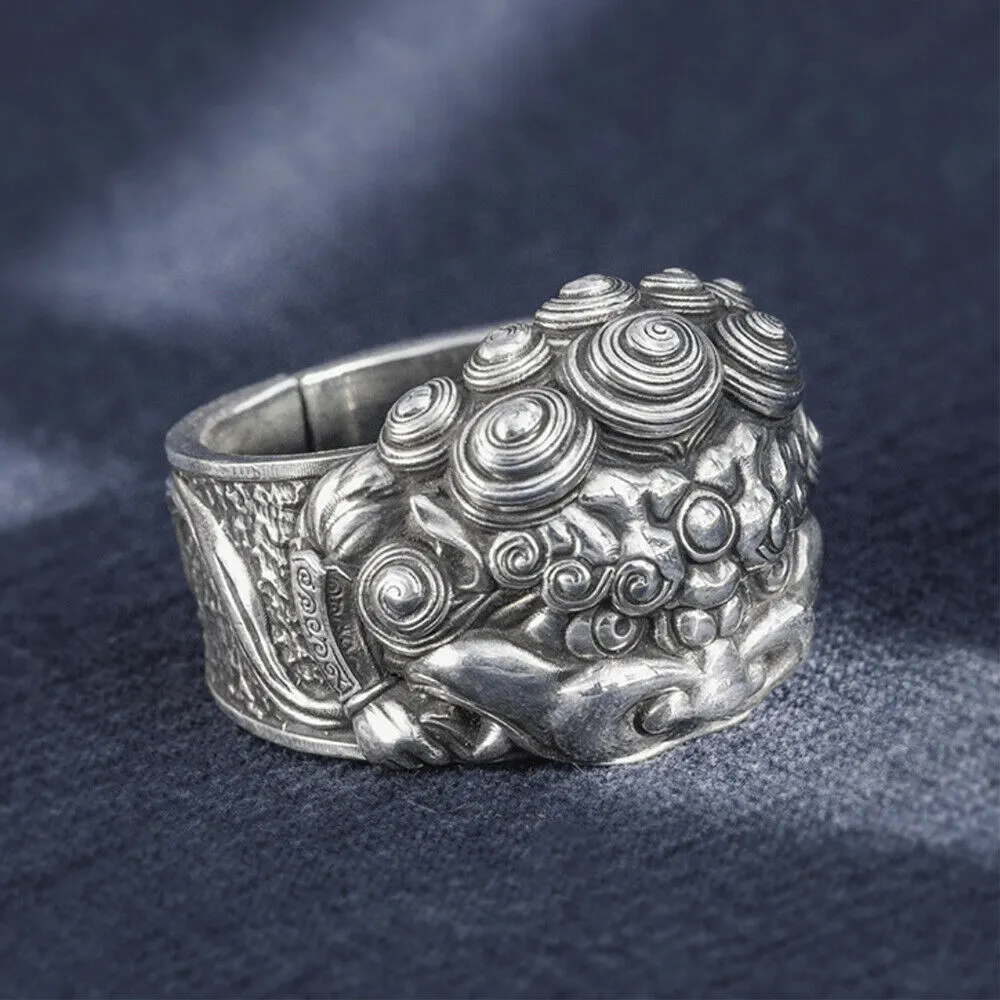 Real Solid 999 Sterling Silver Rings Lion Animals Gothic Punk Jewelry Open Size 10-12