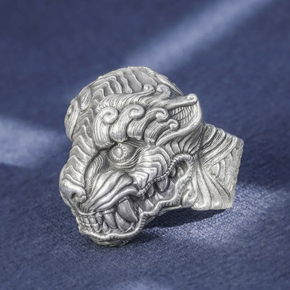 Real Solid 999 Sterling Silver Rings Tiger Animals Gothic Punk Jewelry Open Size 8-10