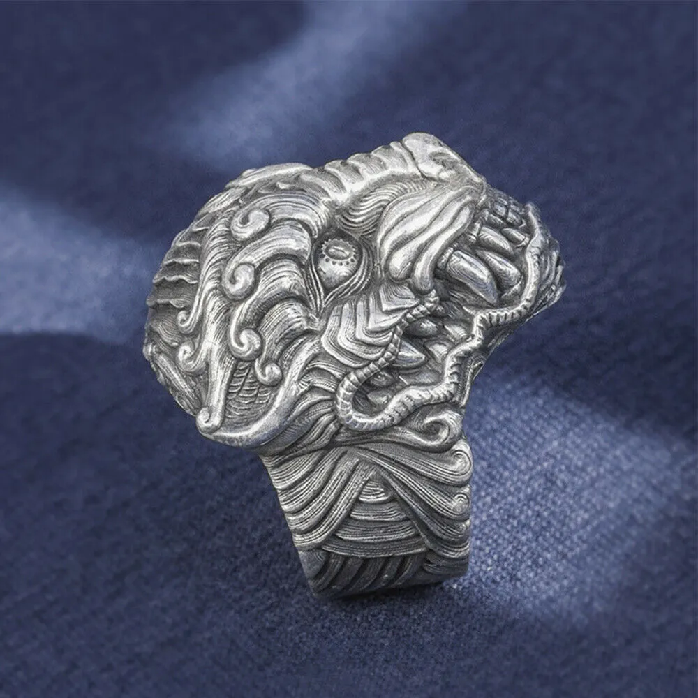 Real Solid 999 Sterling Silver Rings Tiger Animals Gothic Punk Jewelry Open Size 8-10