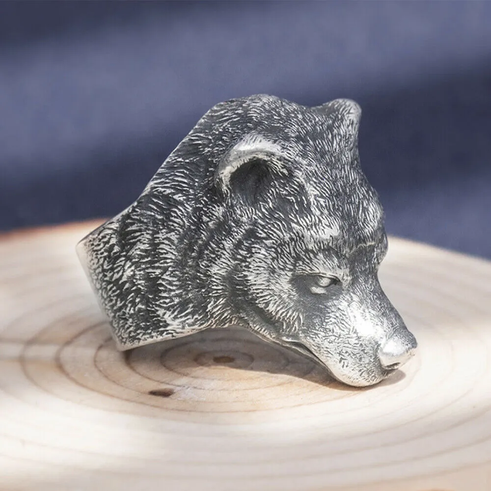 Real Solid 999 Sterling Silver Rings Viking Bear Animals Gothic Fashion Jewelry Open Size 8-10