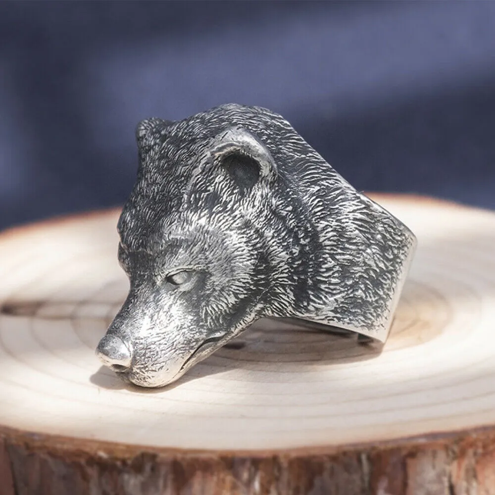 Real Solid 999 Sterling Silver Rings Viking Bear Animals Gothic Fashion Jewelry Open Size 8-10