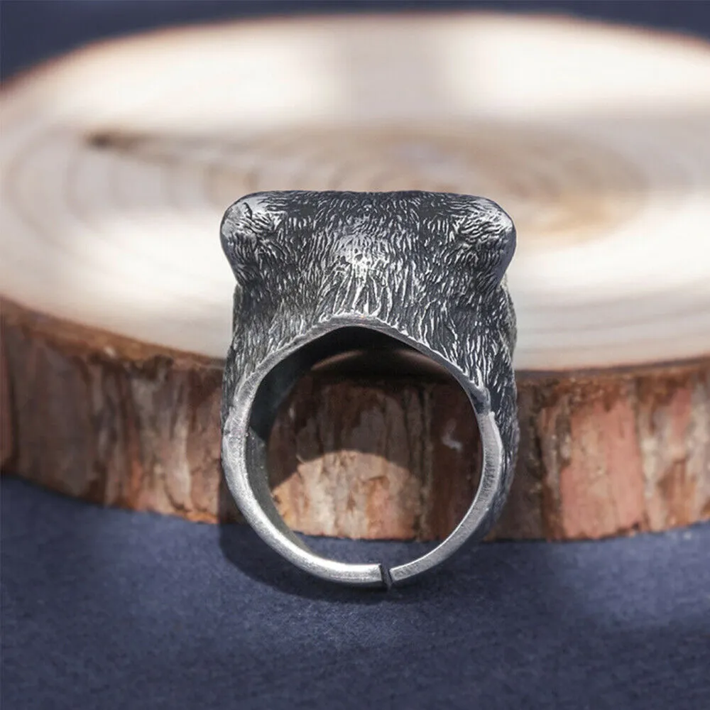 Real Solid 999 Sterling Silver Rings Viking Bear Animals Gothic Fashion Jewelry Open Size 8-10