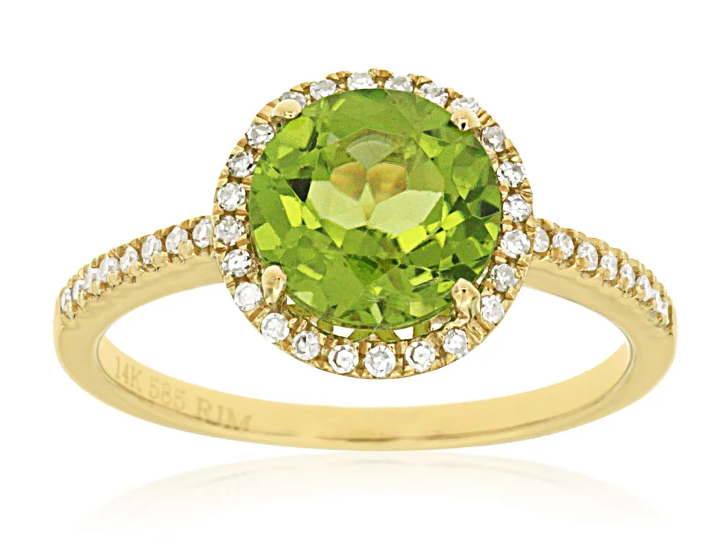 Round 8mm Peridot and Diamond Halo Pave Ring in 14k Yellow Gold