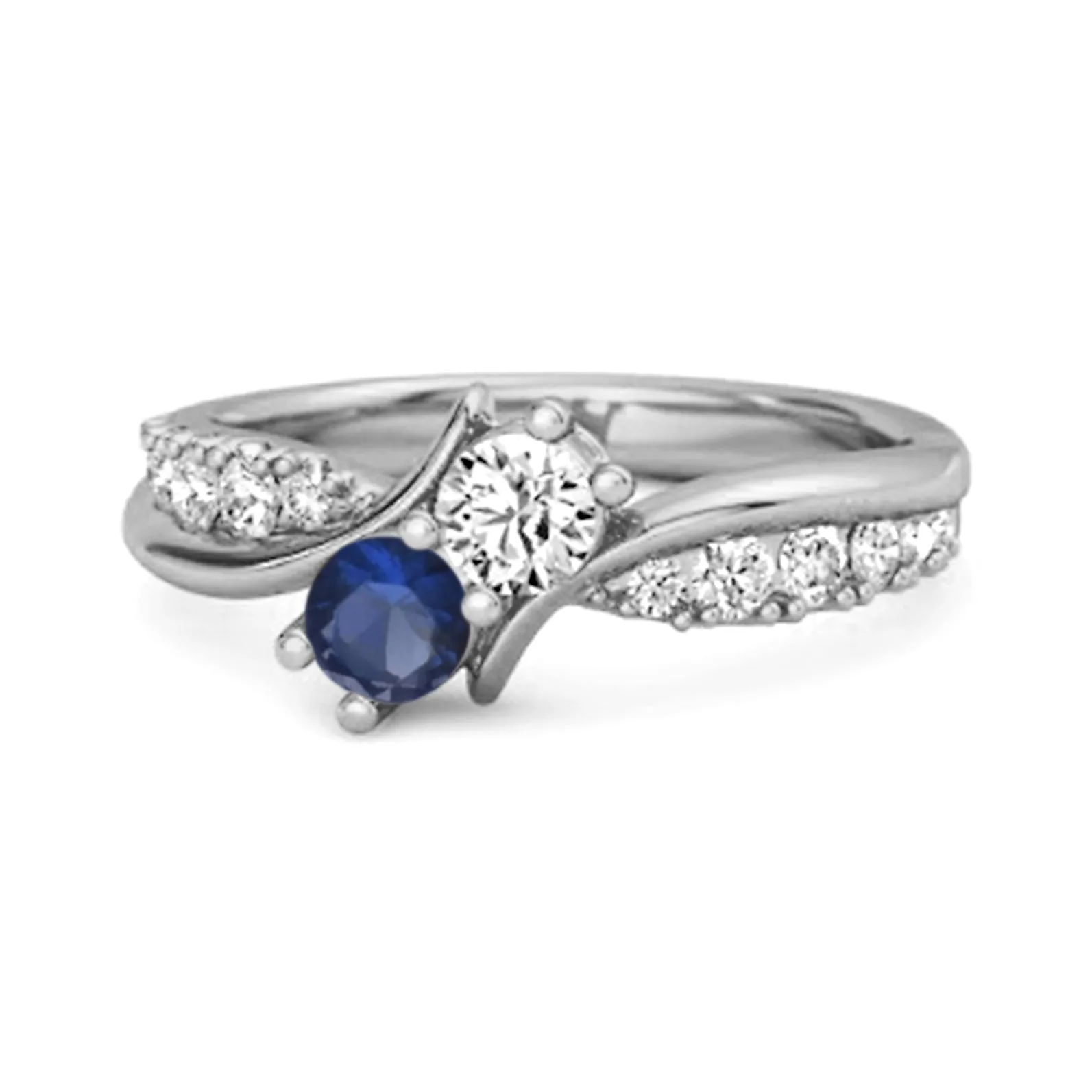Round Cut Blue Sapphire Two Stone Swirl 925 Silver Anniversary Ring