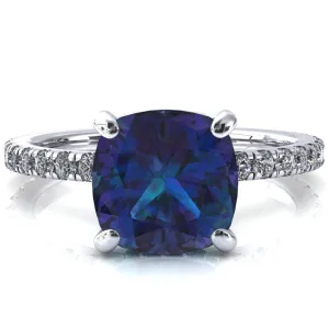 Sicili Cushion Alexandrite 4 Prong 3/4 Micro Pave Diamond Engagement Ring